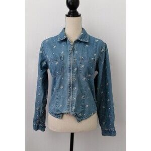 Solutions Original Small Cotton denim shirt embroidered daisies zip